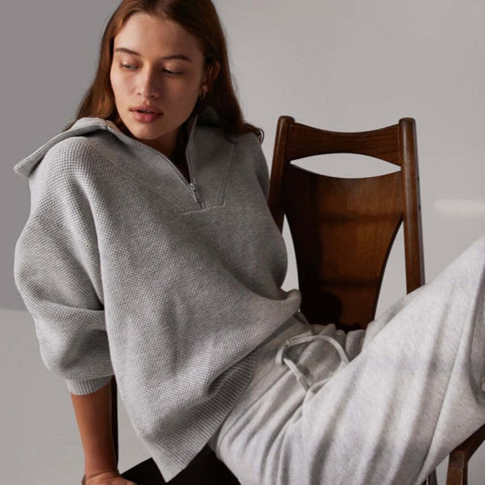 Lunya Cozy Cottonsilk Collared Half Zip Pullover Mellow Gray Heather Medium EUC